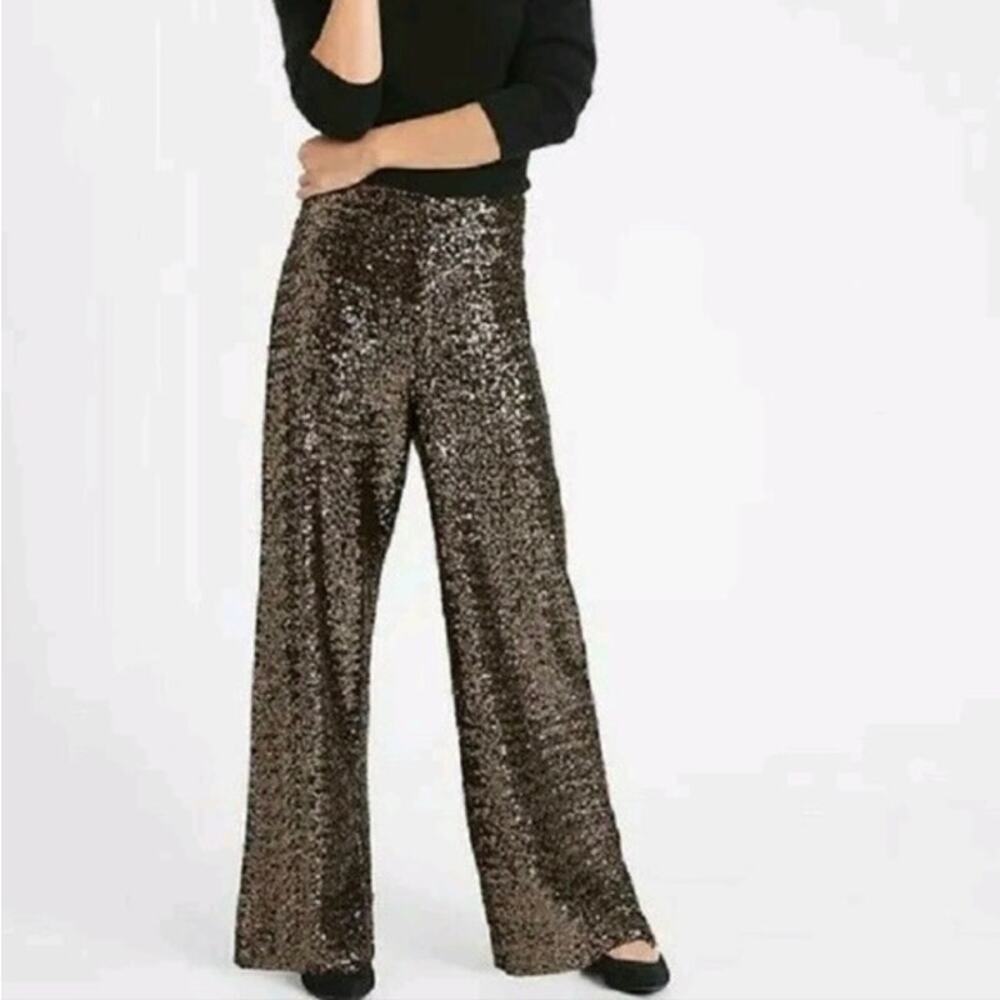 Banana Republic Wide Leg High Rise Sequin Pant Pull On Trouser Gold Size SP NWT